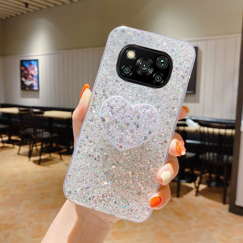 Glänzende Glitter Herz Liebe Telefonhalter Fall für Xiaomi POCO X3 NFC M3 Pro Coque Weiche Silikonabdeckung_voghion.com