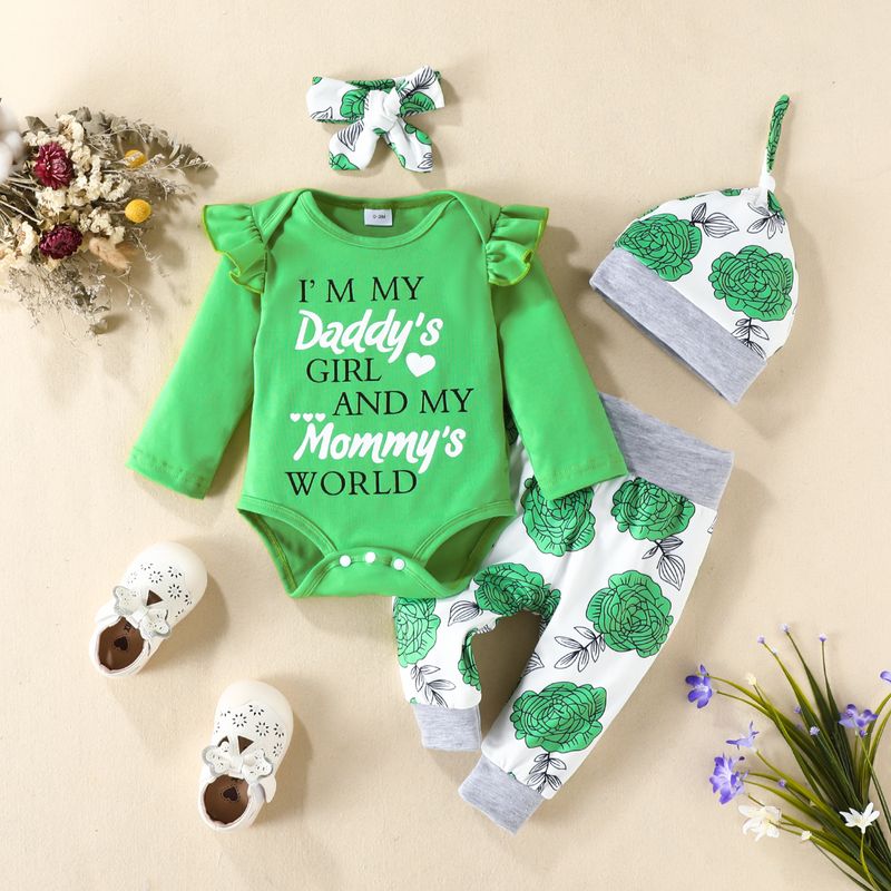 Babykleidung Frühling und Herbst Baby Mädchen Vierteiliges Set Baby Langarm Alphabet Strampler Hohe Taille Blumenhose Hut Stirnband_voghion.com