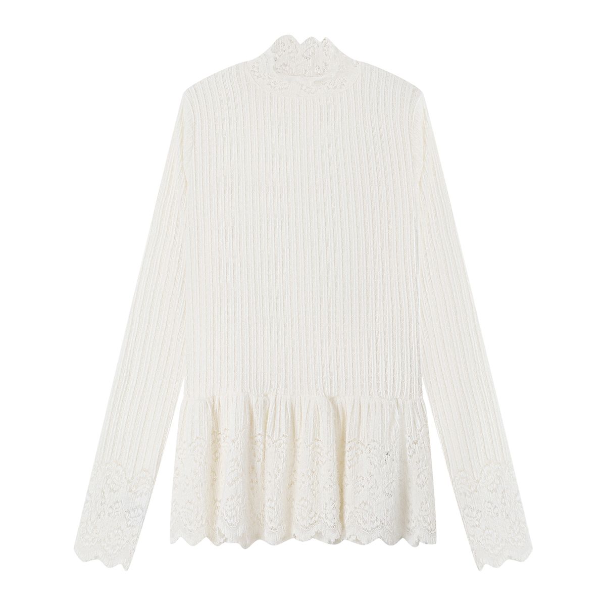 Top mit einzigartigem Design, Langarm-Pullover-T-Shirt mit Spitzenbesatz für Damen, Herbstnische, markantes Unterhemd mit innerer Schicht_voghion.com