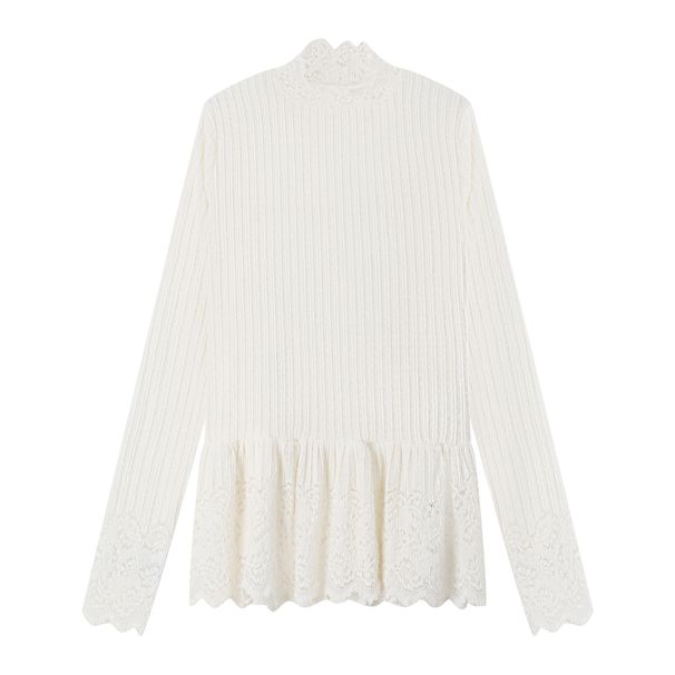 Top mit einzigartigem Design, Langarm-Pullover-T-Shirt mit Spitzenbesatz für Damen, Herbstnische, markantes Unterhemd mit innerer Schicht_voghion.com