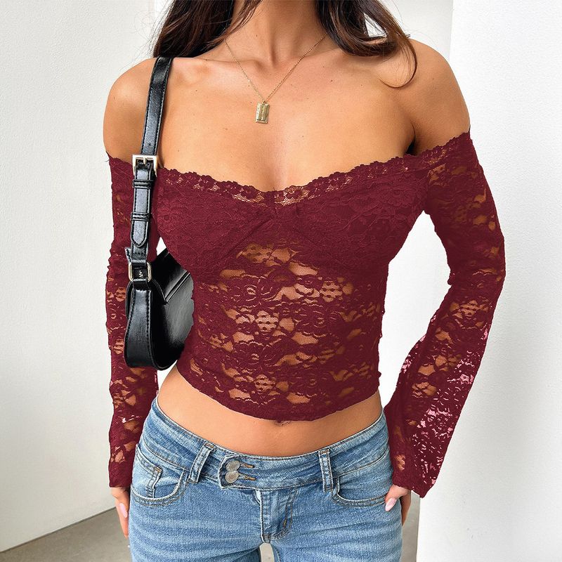 Herbst grenzüberschreitende europäische und amerikanische Damenbekleidung Neue Mode Sexy Hot Girl Schlanke Spitze Eine Linie Langarm Kurzes Top_voghion.com