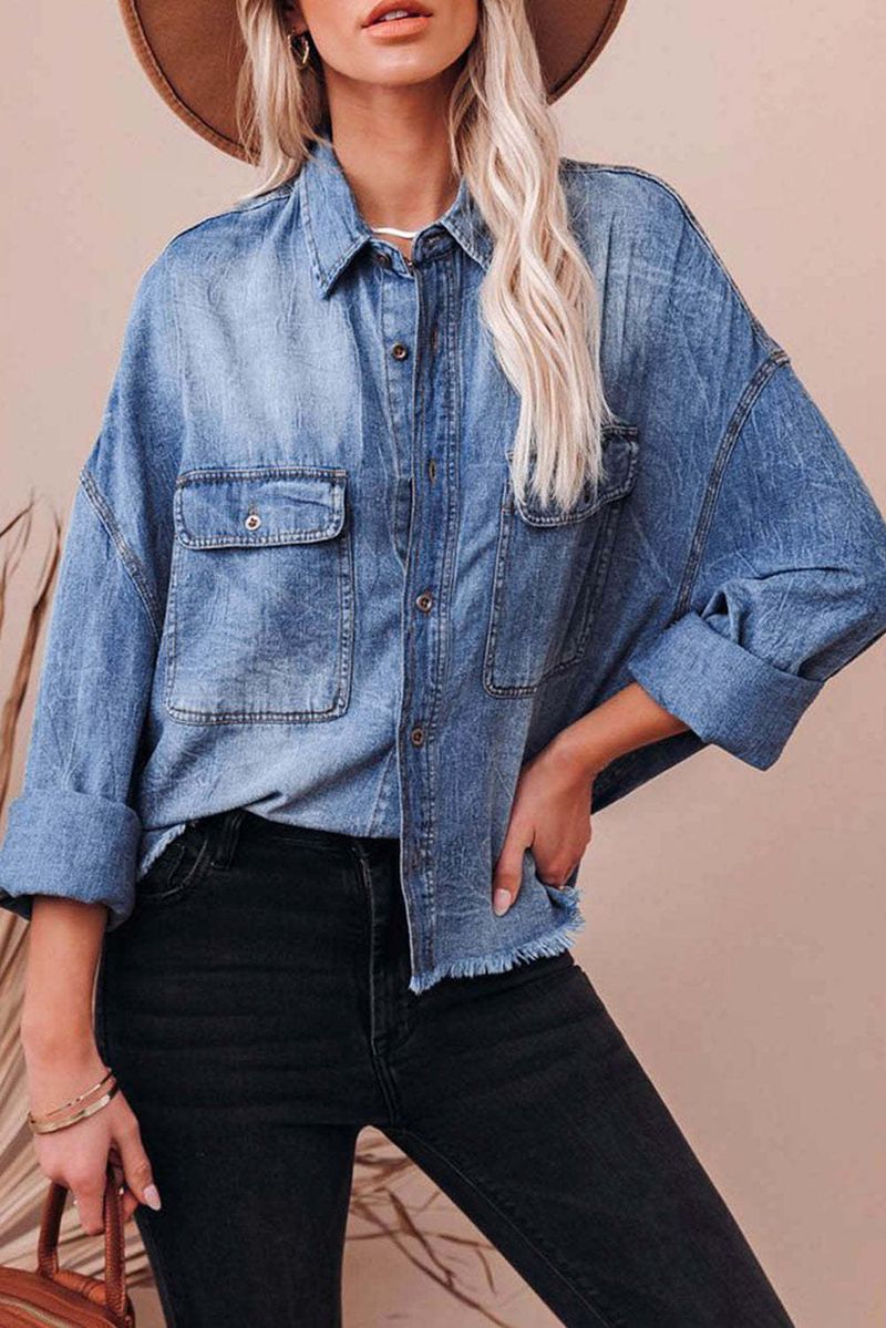 Abbigliamento da donna, primavera, nuova, retrò, camicia in denim ampia, spalla scesa, blu, tasca grande_voghion.com