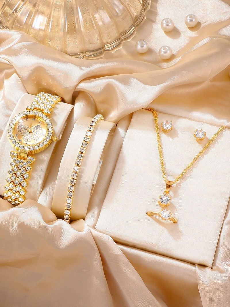 Dameshorloges Jaren Dames Nieuw 5 stuks/set Niche Strass Vlinder Stalen Band Horloge Oorbel Ketting Armband Ring Set_voghion.com