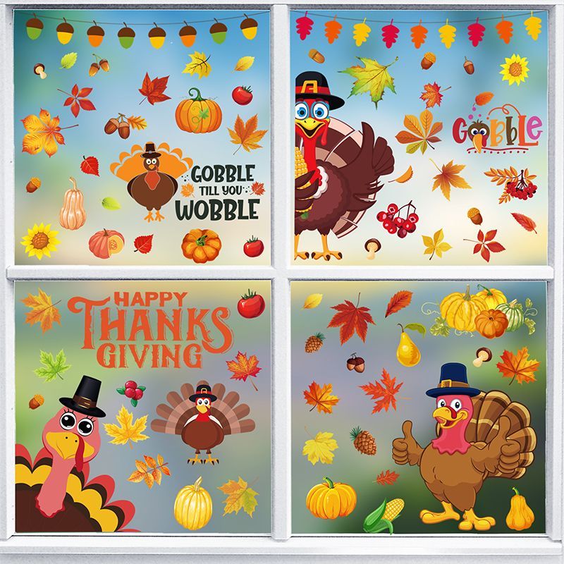 10 Sheets Window Clings Turkey Pumpkin Maple Leaf Pattern Window Stickers Static PVC Fall Window Decals For Home Decoration_voghion.com