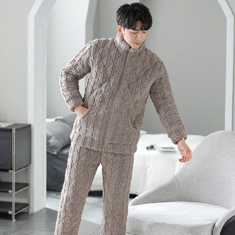 Set de pijamale pentru bărbați, jachetă caldă din bumbac, cu trei straturi, din flanel coral, de iarnă, groasă_voghion.com