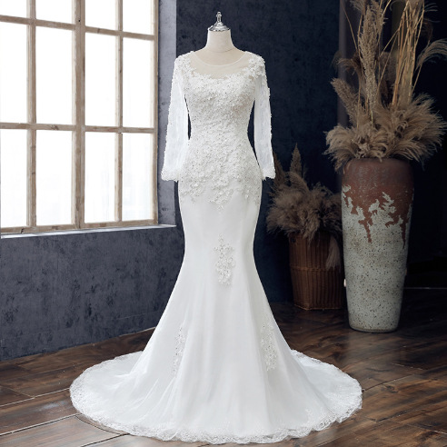Abito da donna Abito da sposa a coda di pesce Abito da sera dimagrante temperamento principessa in pizzo bianco a vita media a maniche lunghe_voghion.com
