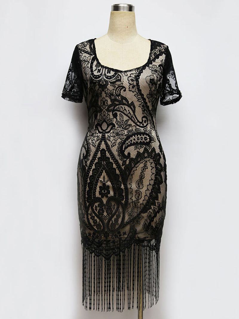 Abbigliamento donna Abito in pizzo Abito con scollo a V e maniche corte con nappa sull'orlo A1699_voghion.com