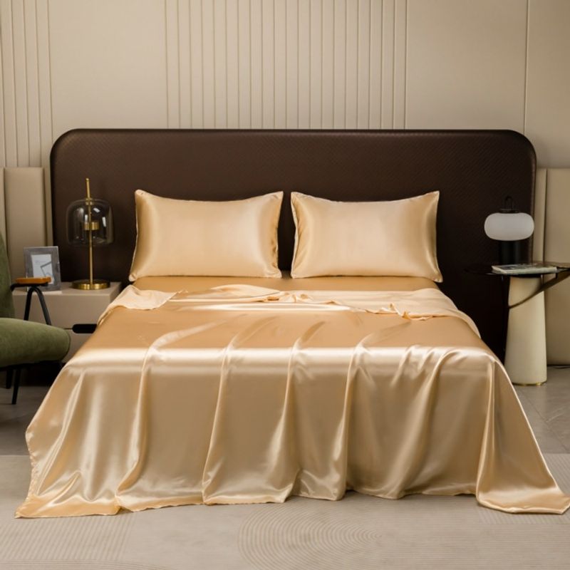 Parure de lit 4 pièces satinée, toucher soie, draps de luxe, taies d'oreiller, drap-housse, drap plat, respirant, infroissable, décoration d'intérieur moderne_voghion.com