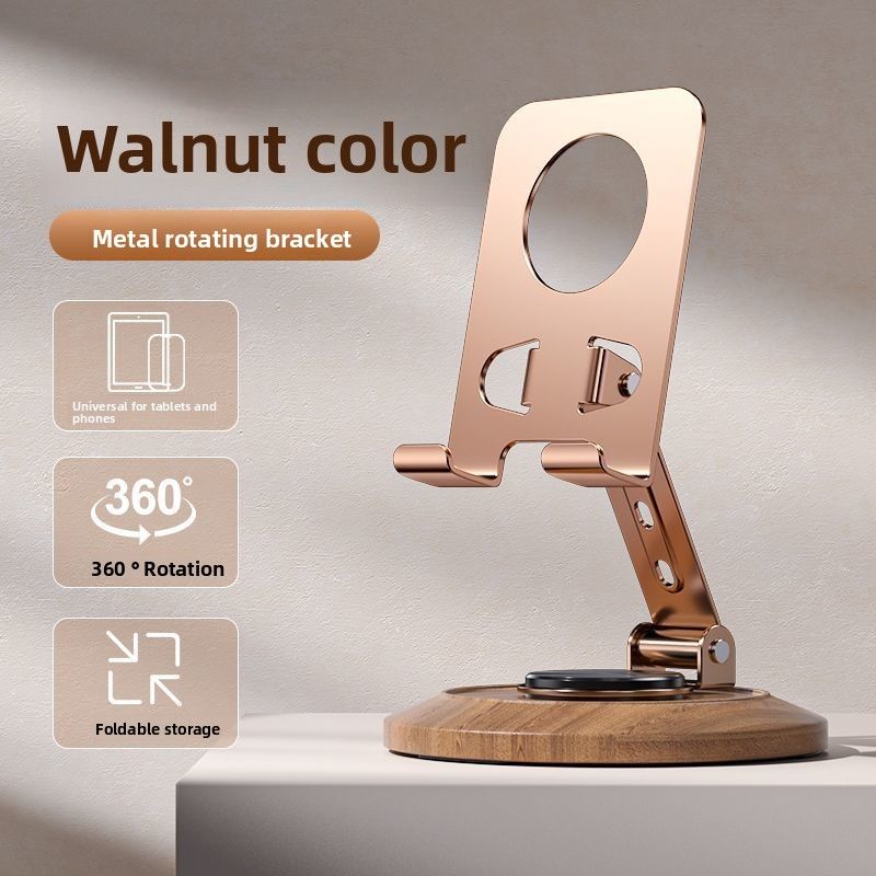 Telefonständer aus Kohlenstoffstahlmetall, verstellbar, um 360 ° drehbar, faltbar, tragbar, Holzmaserung, Unterstützung für Desktop-Tablet zum Ansehen_voghion.com