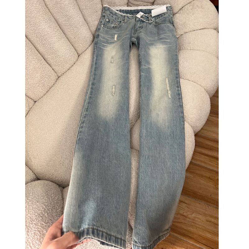 Women's Clothing Retro Lace Stitching Distressed High Waisted Flared Jeans For Women With Petite Body Slim Fit Straight Horseshoe Trousers_voghion.com