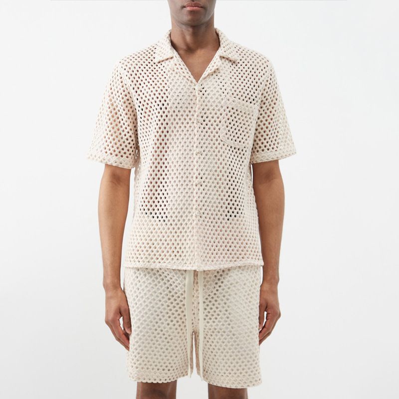 2024 primavera europea e americana tinta unita cava abito da uomo a maniche corte pantaloncini camicia allentata in due pezzi sport giovanile set_voghion.com