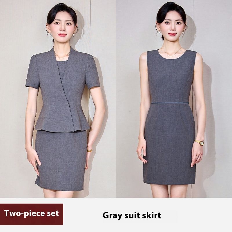 Vestido cinza de manga curta, novo estilo feminino de verão, gerente de hotel, recepção, vendas em joalheria_voghion.com