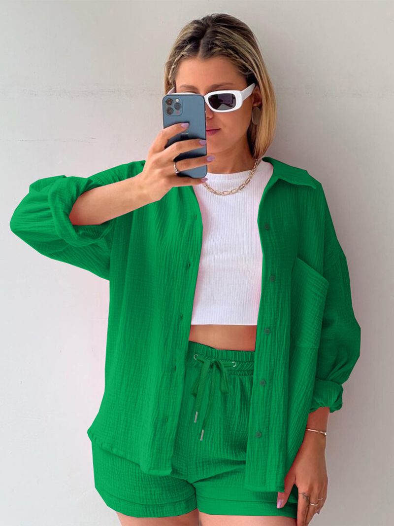 Abito due pezzi da donna, con risvolto stropicciato, camicia a maniche lunghe, vita alta, pantaloncini con coulisse_voghion.com