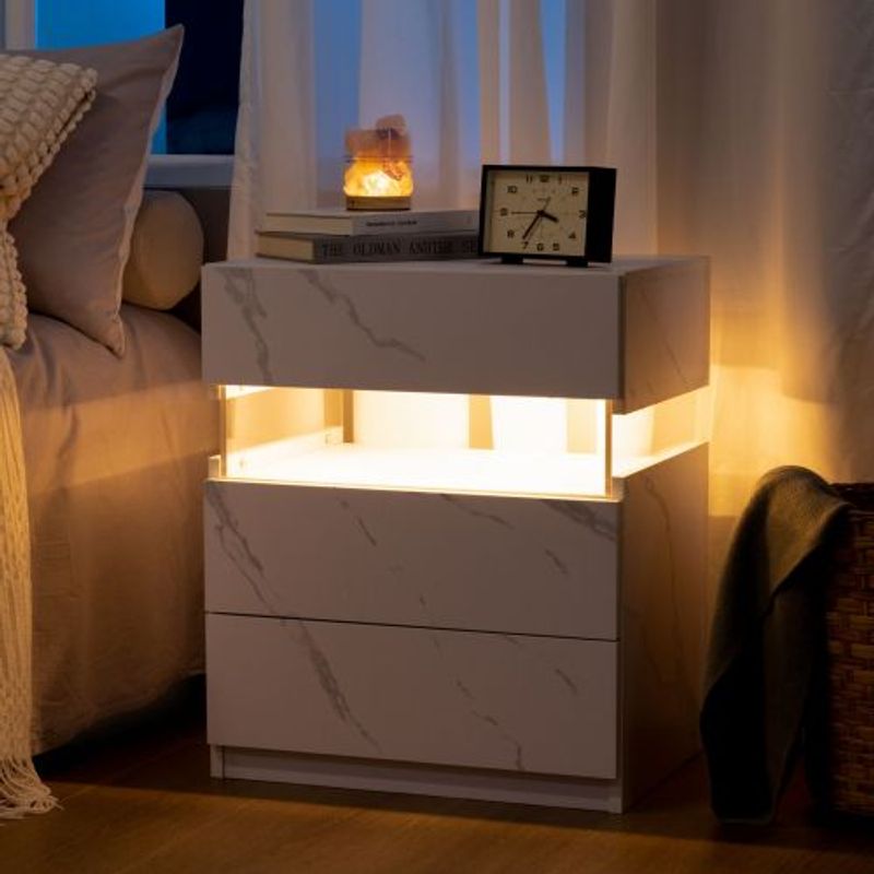 Tables de chevet LED à 3 tiroirs, table d'appoint avec panneau acrylique, table de chevet LED pour chambre à coucher, salon, meuble de chevet (pierre blanche)_voghion.com