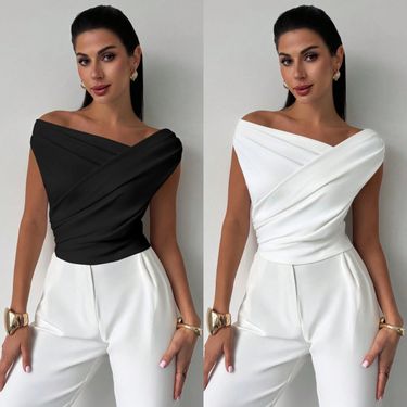 2025 European And American Solid Color Sleeveless T Shirt Women's Simple Style Oblique Shoulder Slimming Sleeveless Short Top_voghion.com