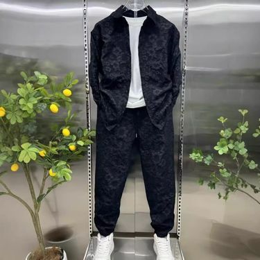 Men's Clothing Autumn New Three Dimensional Relief Jacquard Shirt Fashion Slim Trousers Two Piece Suit Men's Trendy Brand Casual Sports Suit_voghion.com