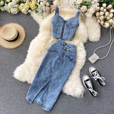 Women Sexy short camisole vest high waisted denim skirt_ipsvogv.com