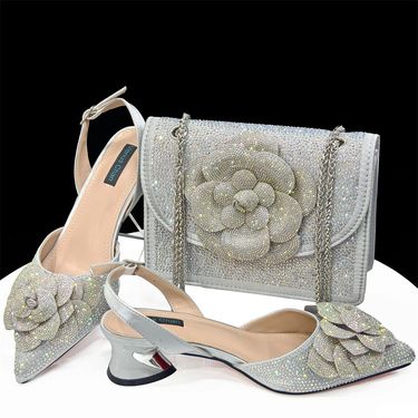 Women Shoe Bag Set Elegant Pointed Toe High Heels Matching Square Shoulder Flower Decoration Ladies Shoes And Bag Set Combination_voghion.com