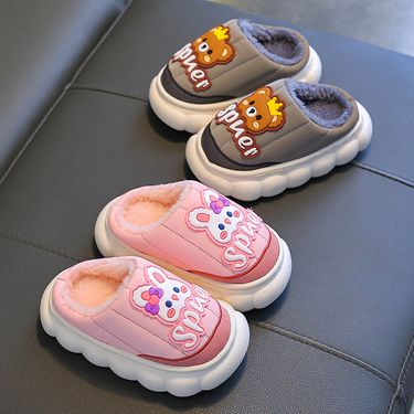 Kids' Winter Slippers – Waterproof PU Outer, Plush Fleece Lined, Non-Slip PVC Sole, Cute Cartoon Design (Sizes 24-36, Open/Closed Back Options)_voghion.com