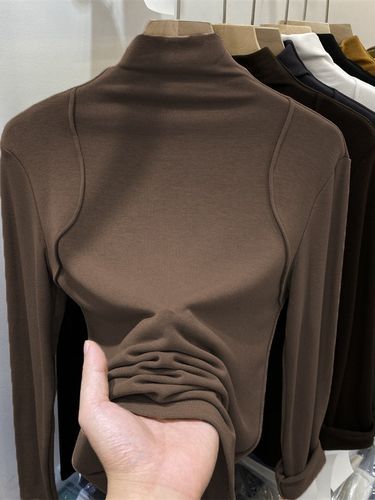 Threaded semi high neck base shirt inner layer autumn winter 2024 new long sleeved T-shirt for women, slim fit, slimming_voghion.com