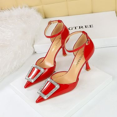 8323-K28 Style Banquet High Heels, Shallow Mouth, Pointed One Word With Metal Diamond Buckle Hollow Sandals For Women_voghion.com