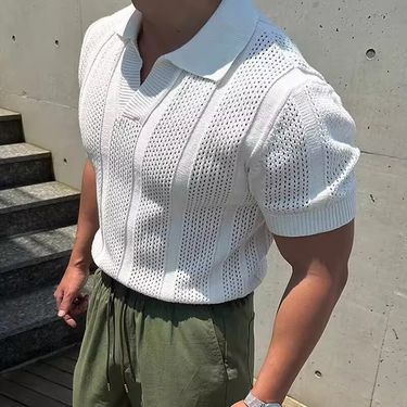 Men's Clothing Mercerized Cotton Ice Silk Polo Shirt Breathable Hollow Short Sleeved Sweatshirt Lapel Mesh Tight Sleeve Knitted T Shirt_voghion.com