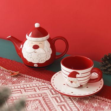 Christmas Santa Claus Ceramic Coffee Cup and Saucer Set Creative Gift Teapot Relief Tea Cup and Saucer Tea Set_voghion.com