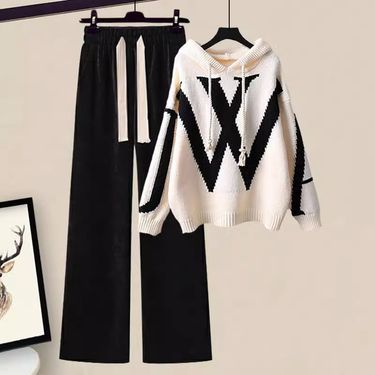 Women's Clothing salt light luxury suit meat covering college style hooded knitted sweater wide leg pants two piece suit_voghion.com