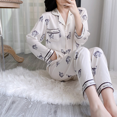 High-end cat print sweet loose long-sleeved pants pajamas for women home wear two-piece set real shot and delivery_voghion.com