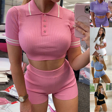 Women's fashion sexy crop sweater shorts two-piece set_voghion.com