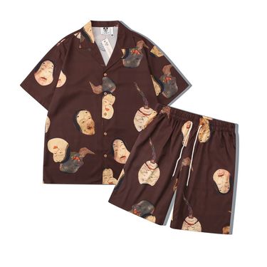 Men's clothing High Street Floral Shirt Suit Face Print Shirt Beach Cardigan Shorts Men_mkmklike.com