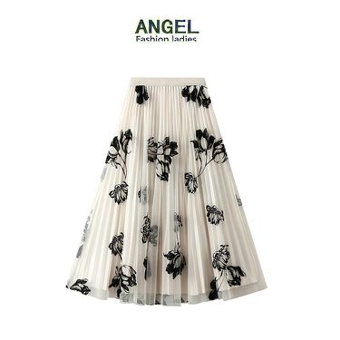 New Flocking Flower Mesh Skirt Front and Back Pleated Skirt Midi Skirt 3607_voghion.com
