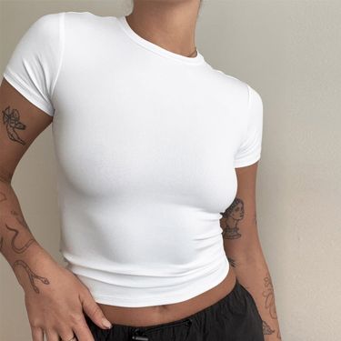 Women's Clothing Spring and Summer Basic Round Neck Short Sleeve T shirt Women Tight Sexy Simple Solid Color All match Tops Women_viptrois.com