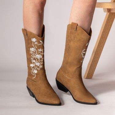 Plus-size brown leather embroidered knight boots New Western cowboy boots_vogvips.com