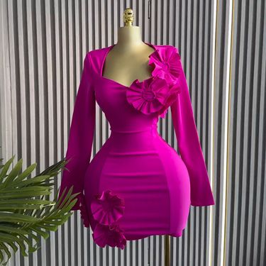 Women's Clothing Autumn New Style Elegant Square Collar Large Flower Decoration Long Sleeve High Waist Slim Dress_voghion.com