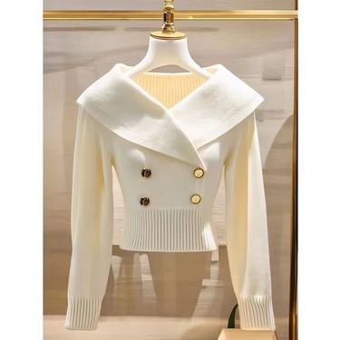 Chic Oversized Collar Knit Sweater For Women – Slim-Fit Cropped Pullover With Flattering Waist Definition, Soft & Stylish For Casual & Office Wear_voghion.com