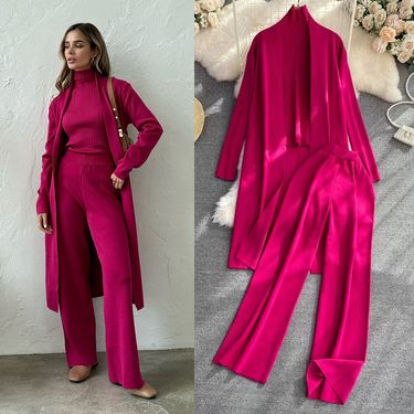 Women's Clothing Cross border loose casual knitted suit women's long shawl cardigan + turtleneck sweater + wide leg pants three piece suit_voghion.com