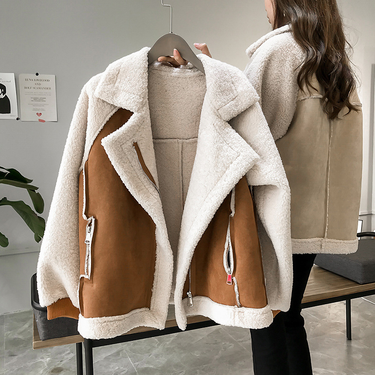 Jachetă de motocicletă din fleece de miel scurtă pentru femei_voghion.com