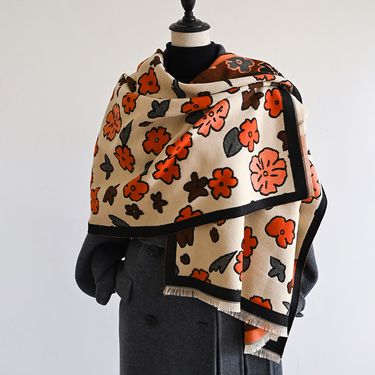 Autumn winter Japanese Korean cherry blossom flower print and fresh women's  cashmere warm scarf cream sweet_voghion.com