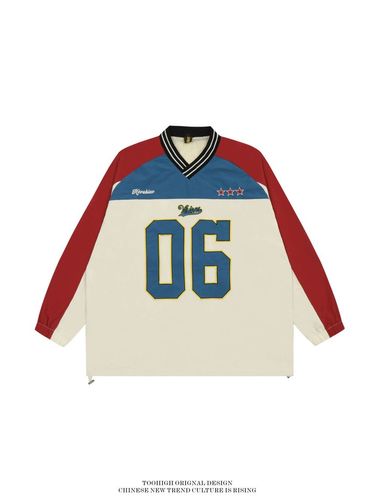 V-neck Contrasting Splicing Letter Embroidery Pullover Hoodie For Men And Women, American Couple Trendy Brand Jersey,_voghion.com