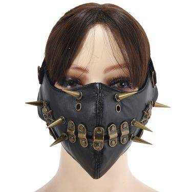 Studded Punk Spike Skull Personality Trendy Black Accessory Leather Mask_voghion.com