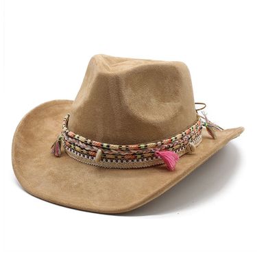 Bohemian Style Suede Western Cowboy Rolled Brim Hat Ethnic Tibetan Jazz_voghion.com