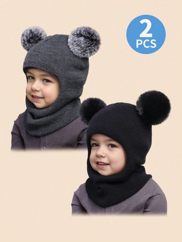 2pcs Children 1-8Y Plain Knitted Double Pompom Warm Soft Winter Protective Cute Casual Pullover Hat, Suitable For Outdoor And Everyday Use_voghion.com