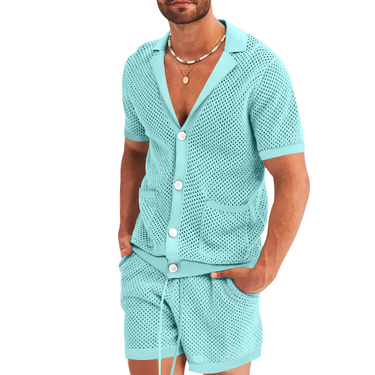 Men's Clothing Summer Suit Hollow Knitted Sweater Men's Casual Lapel T-Shirt Men's Sports Suit_mkmklike.com