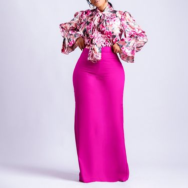 Women's Clothing Fashion Printed Strappy Long-Sleeved Shirt Skirt Long Skirt Two-Piece Set_voghion.com