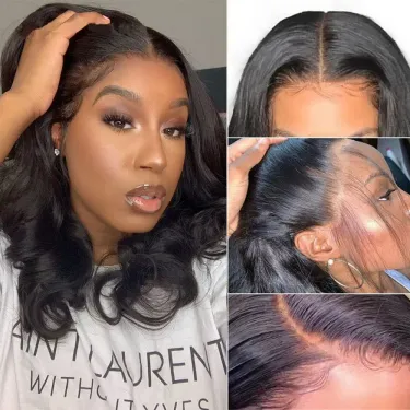 Bob Wig Human Hair 13x4 Frontal Lace Wigs 14 Inch Body Wave Lace Front Wigs Pre Plucked Natural #1B_voghion.com