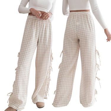 hot selling Women's Casual Loose Wide-Leg Pants Solid/Plaid/Striped Side Bow Tied Mid Elastic Band Baggy Long Trousers for Lounge_voghion.com