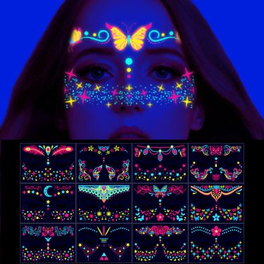 Beauty Health 16 Fluorescent Face Stickers For Nightclub Masquerade Neon Fluorescent Face Stickers Waterproof Music Festival Luminous Tattoo Stickers_voghion.com