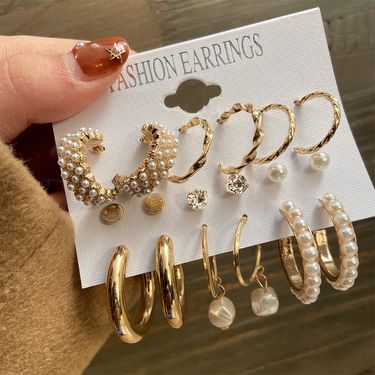 6-Piece Set Of New Inlaid Pearl Women's Earrings Creative French Retro Gold Earrings Set_voghion.com