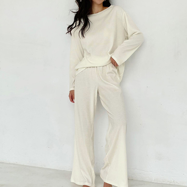 Women's fashion knit skin-friendly long sleeve pajamas two sets of loose comfortable trousers home wear_voghion.com